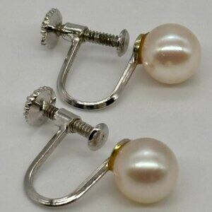Vintage European 7mm Pearl Earrings 80 Percent Silver Screw-Back Marked "Silver"